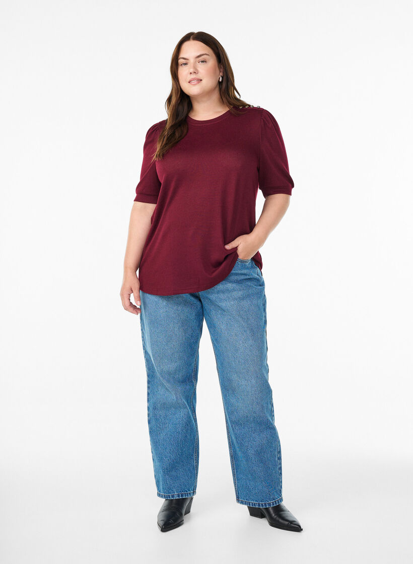 Pusero nappidetaljilla ja lyhyill&auml; puhvihihoilla, Tumma Bordeaux, Model image number 1