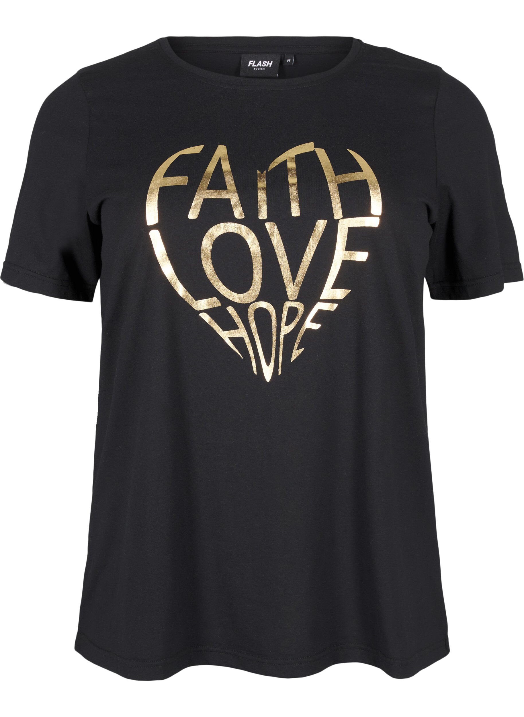 Zizzi FLASH &ndash; kuviollinen t-paita, Black Gold Faith, Packshot image number 0