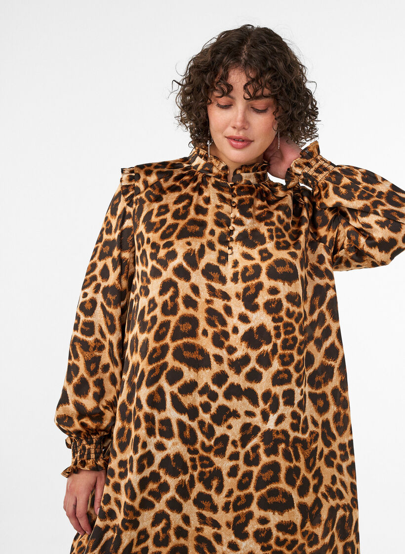 Mekko leopardikuosilla ja r&ouml;yhel&ouml;yksityiskohdilla, Ruskea, Model image number 2