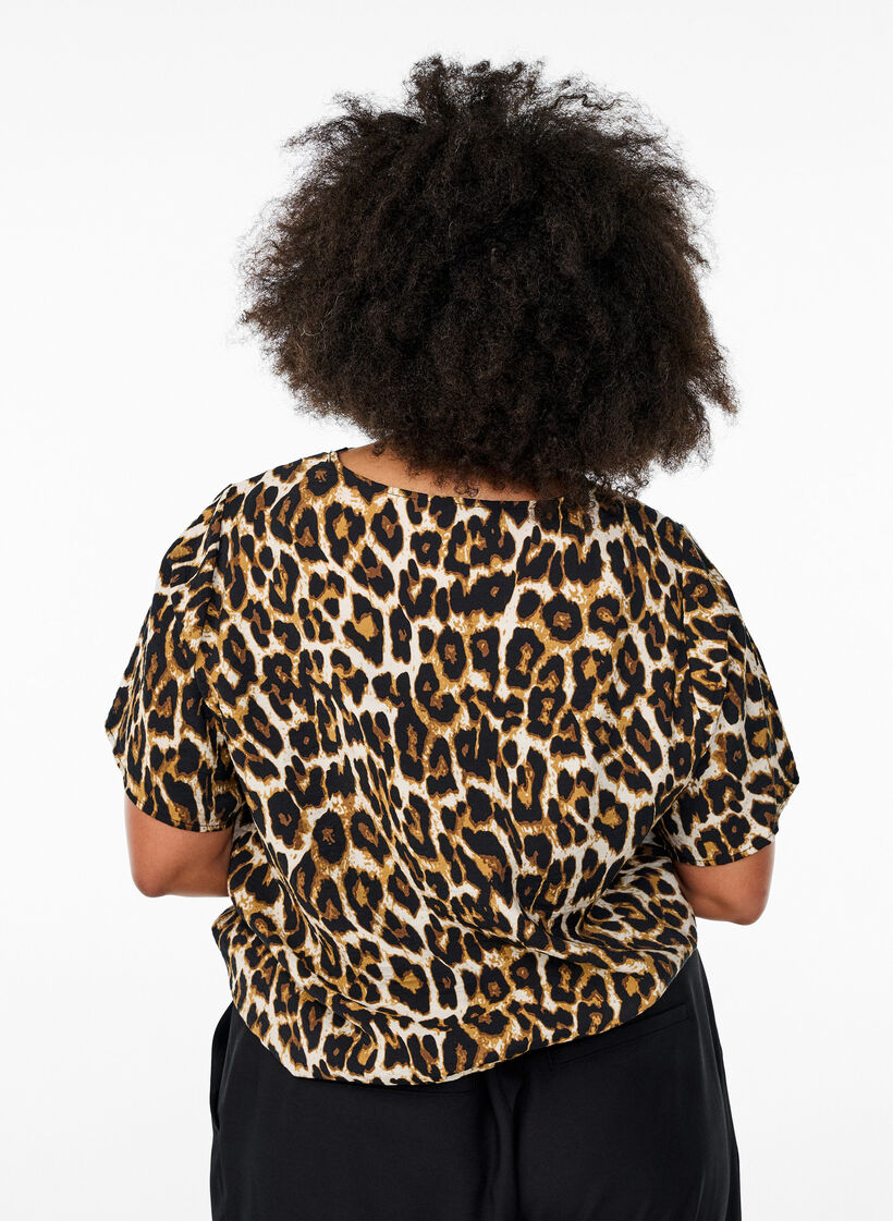 Lyhythihainen viskoosipusero, jossa on pitsikoristeet, Ruskea, Model image number 2