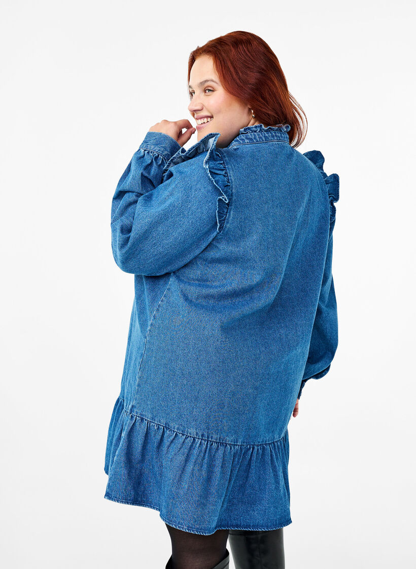 Farkkumekko röyhelöillä ja A-leikkauksella, Blue Denim, Model image number 1