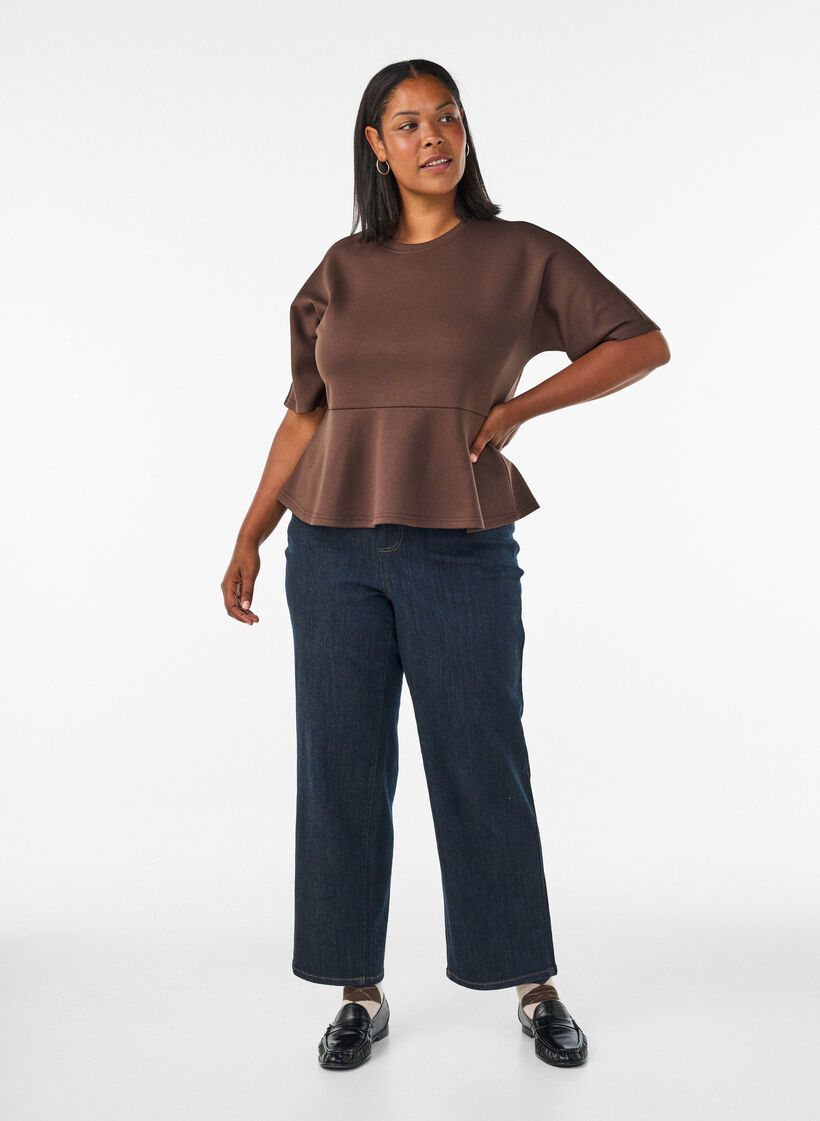 Peplum-pusero kyyn&auml;rpituisilla hihoilla, Ruskea, Model image number 1