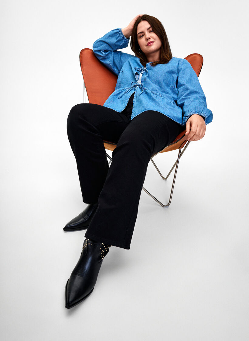 Farkkukankainen peplum-pusero, jossa on nauhakiinnitys, Light Blue Denim, Image image number 0