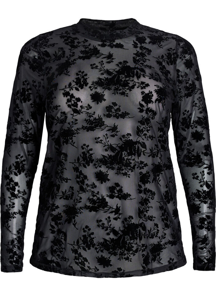 Mesh-pusero kukkakuviolla, Musta, Packshot image number 0