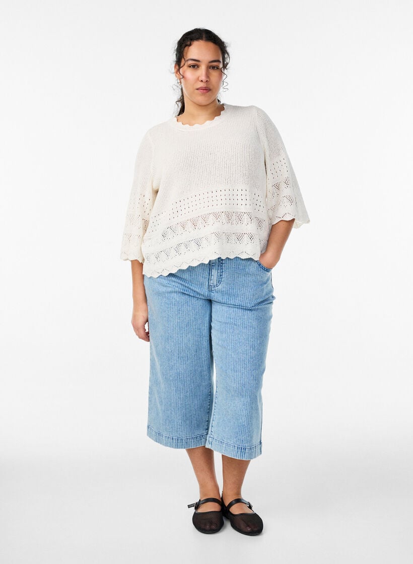 Neulepusero rei'itetty&auml; kirjailulla ja 1/2-hihoilla, Vanilja, Model image number 1