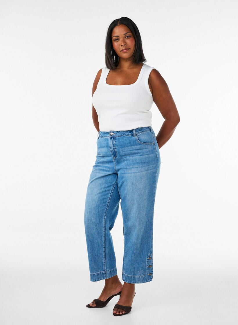Cropped Kiana -farkut suoralla istuvuudella ja nappiyksityiskohdilla, Sininen, Model image number 0