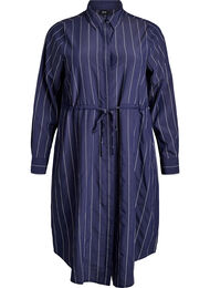 Pitk&auml; paita pystyraidoilla ja solmittavalla vy&ouml;ll&auml;, Sininen