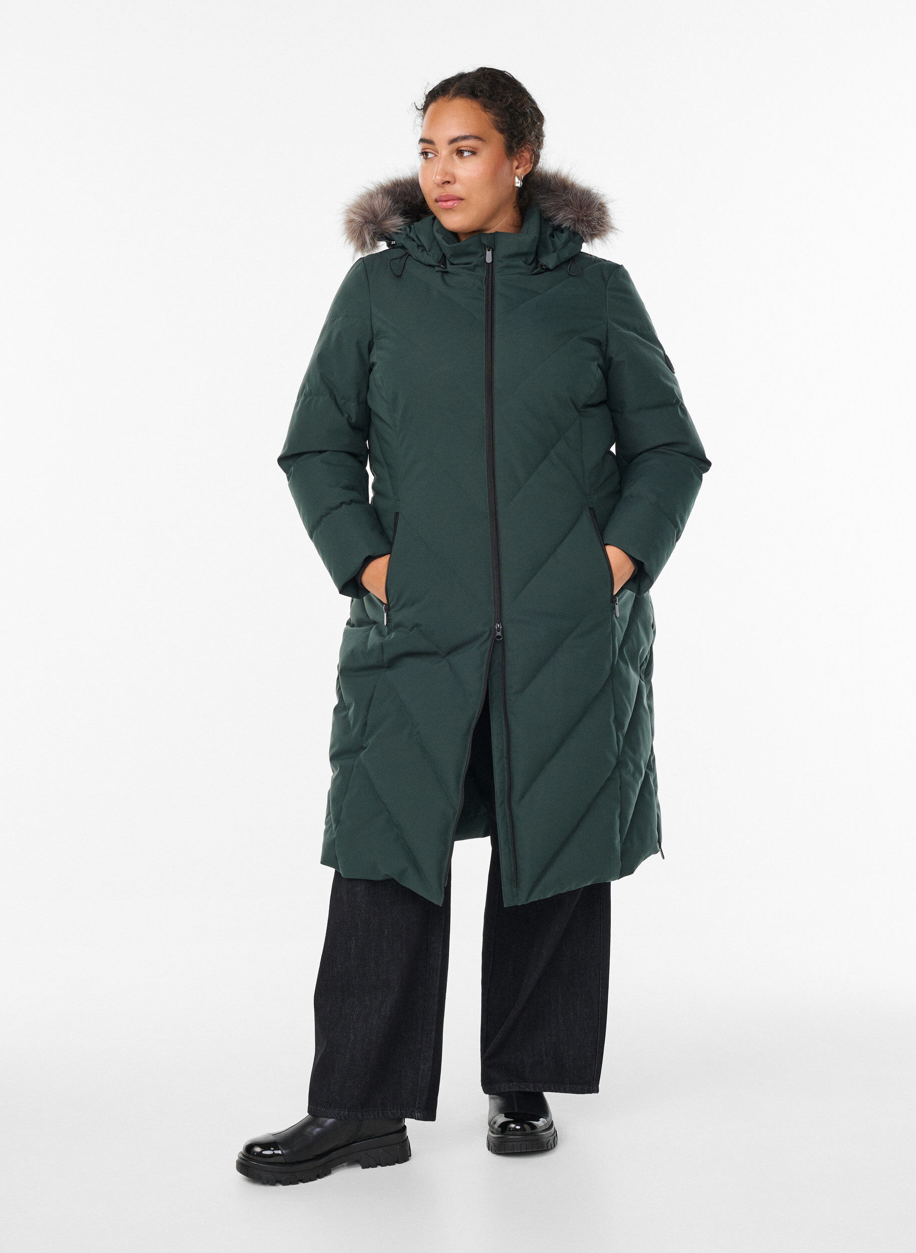ZizziPitk&auml; talvitakki koukku-kiinnityksill&auml; ja tekoturkiskauluksella, Vihre&auml;, Model image number 1