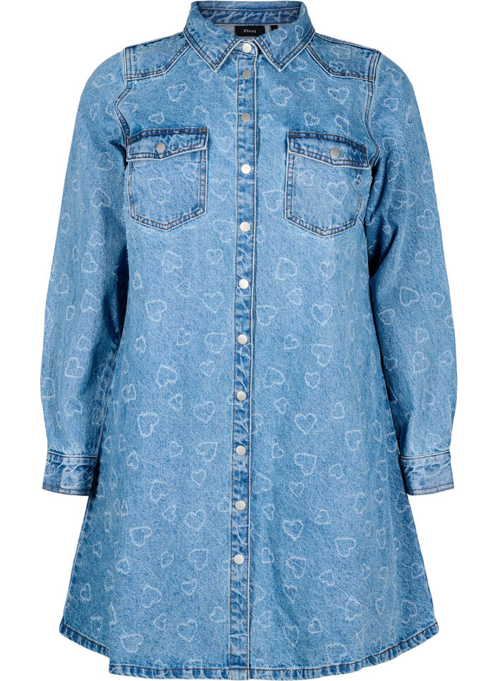 Sydänkuvioitu denim-mekko, Sininen, Packshot image number 0