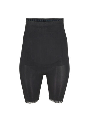 Korkeavyötäröiset shapewear-shortsit pitsireunuksella , Black, Packshot image number 0