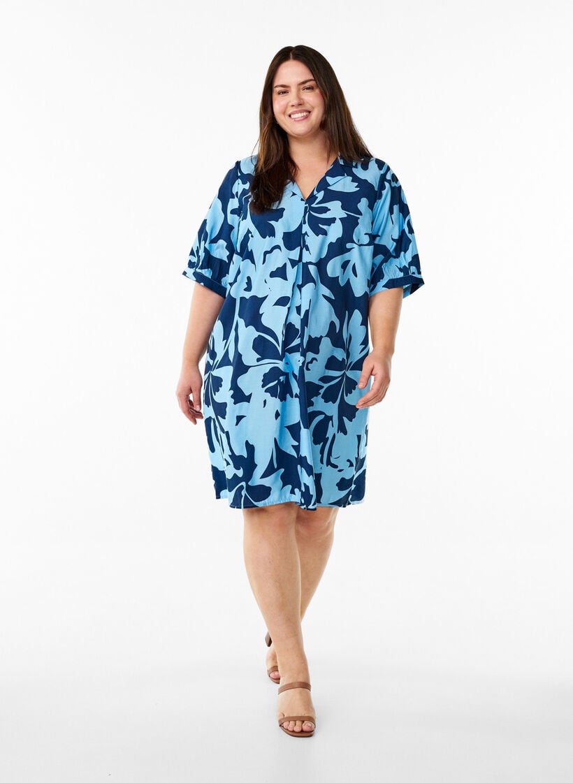 Polvipituinen mekko printillä ja V-pääntiellä, Sininen, Model image number 1