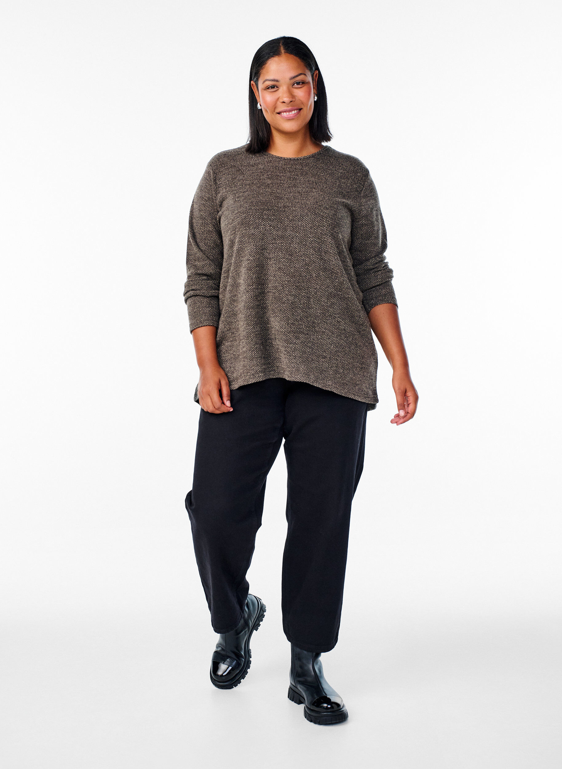 Zizzi Pitk&auml;hihaiset pusero rakenteella, Ruskea, Model image number 1