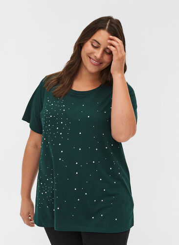 Luomupuuvillainen t-paita niiteillä, Dark Green, Model image number 0