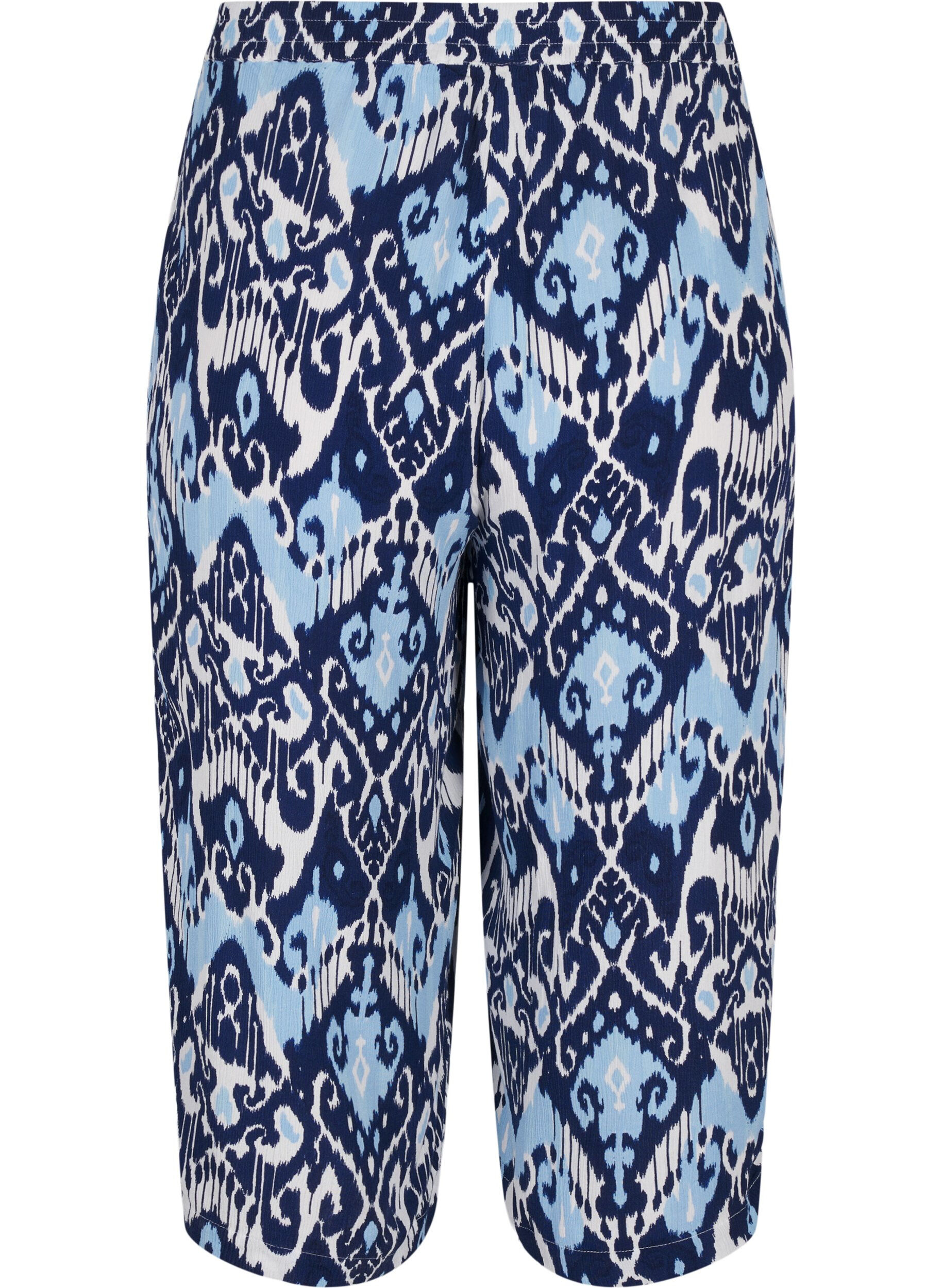 Zizzi Culotte-housut viskoosia painatuksella, Blue Ethnic AOP, Packshot image number 1