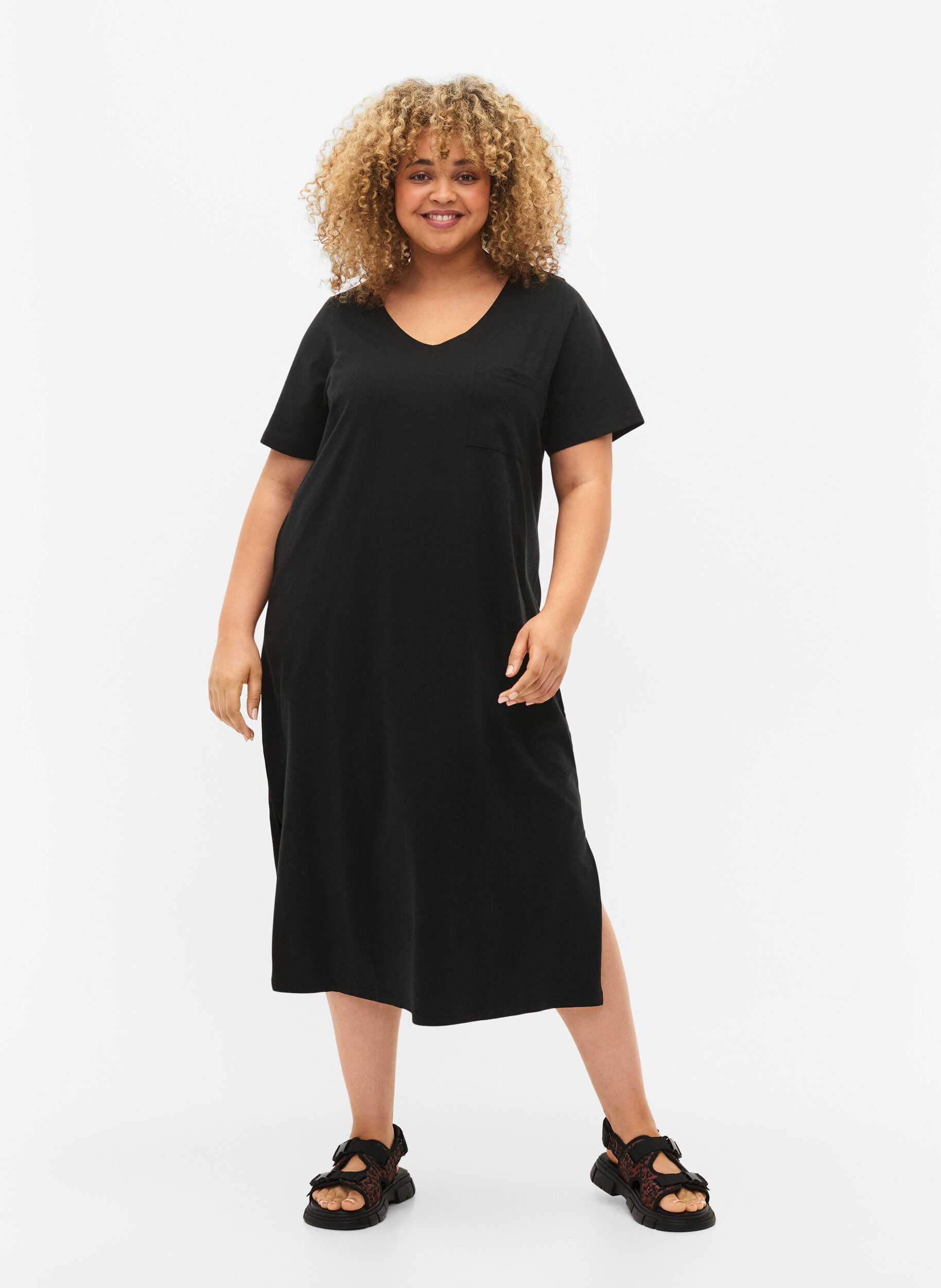 ZizziLyhythihainen puuvillamekko halkiolla, Black, Model image number 0