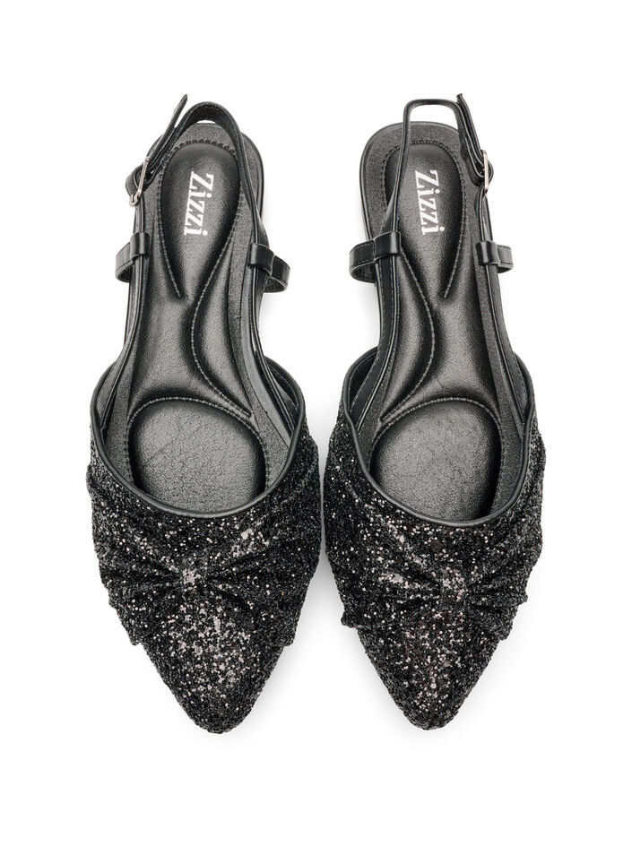 Kimalteleva slingback-korkokenk&auml; rusettikoristeella, Musta, Packshot image number 2
