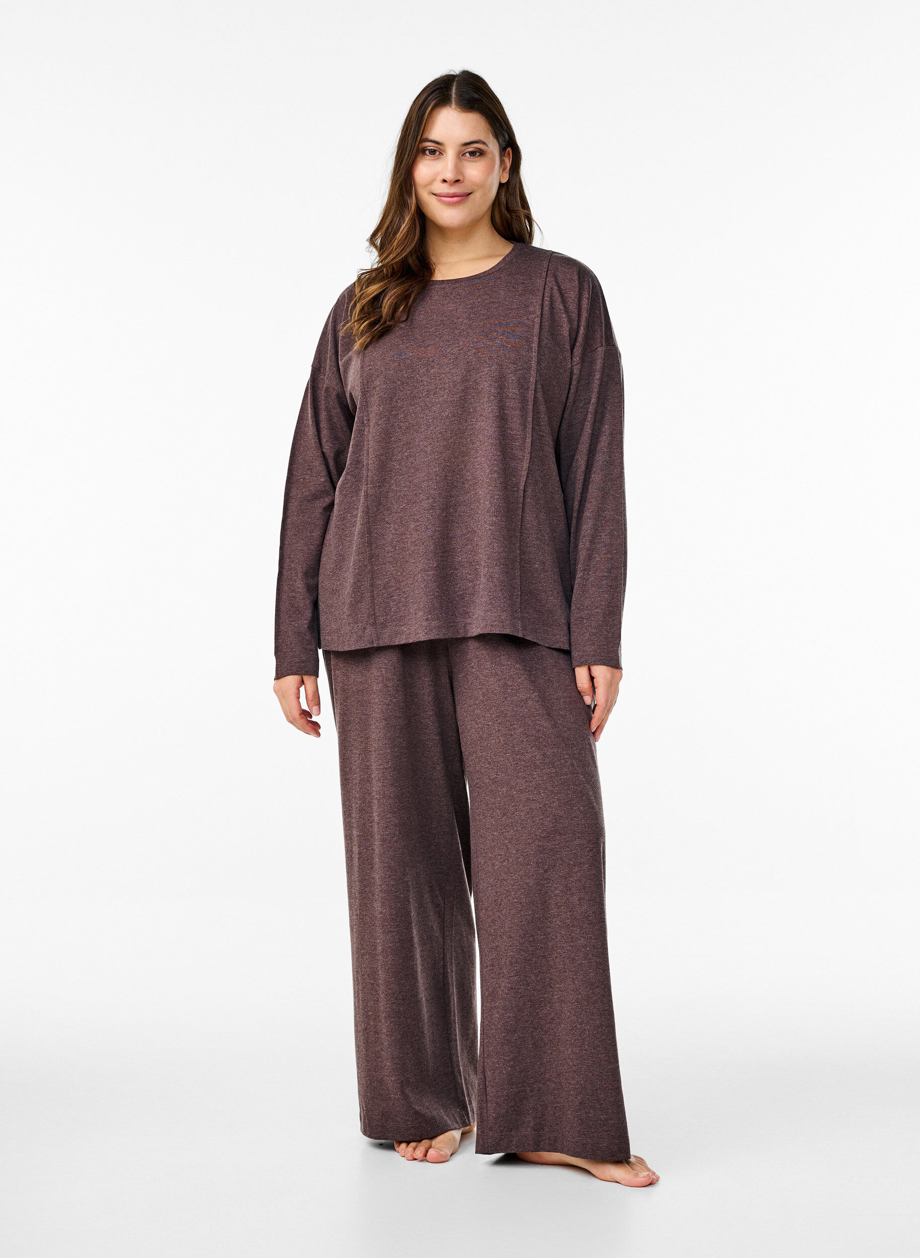 Zizzi Rento jersey-pusero saumarakkailla, Ruskea, Model image number 1