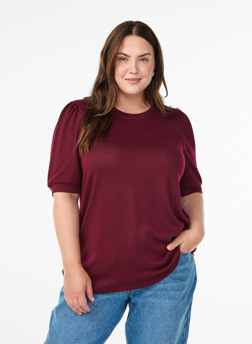 Pusero nappidetaljilla ja lyhyill&auml; puhvihihoilla, Tumma Bordeaux, Model image number 0