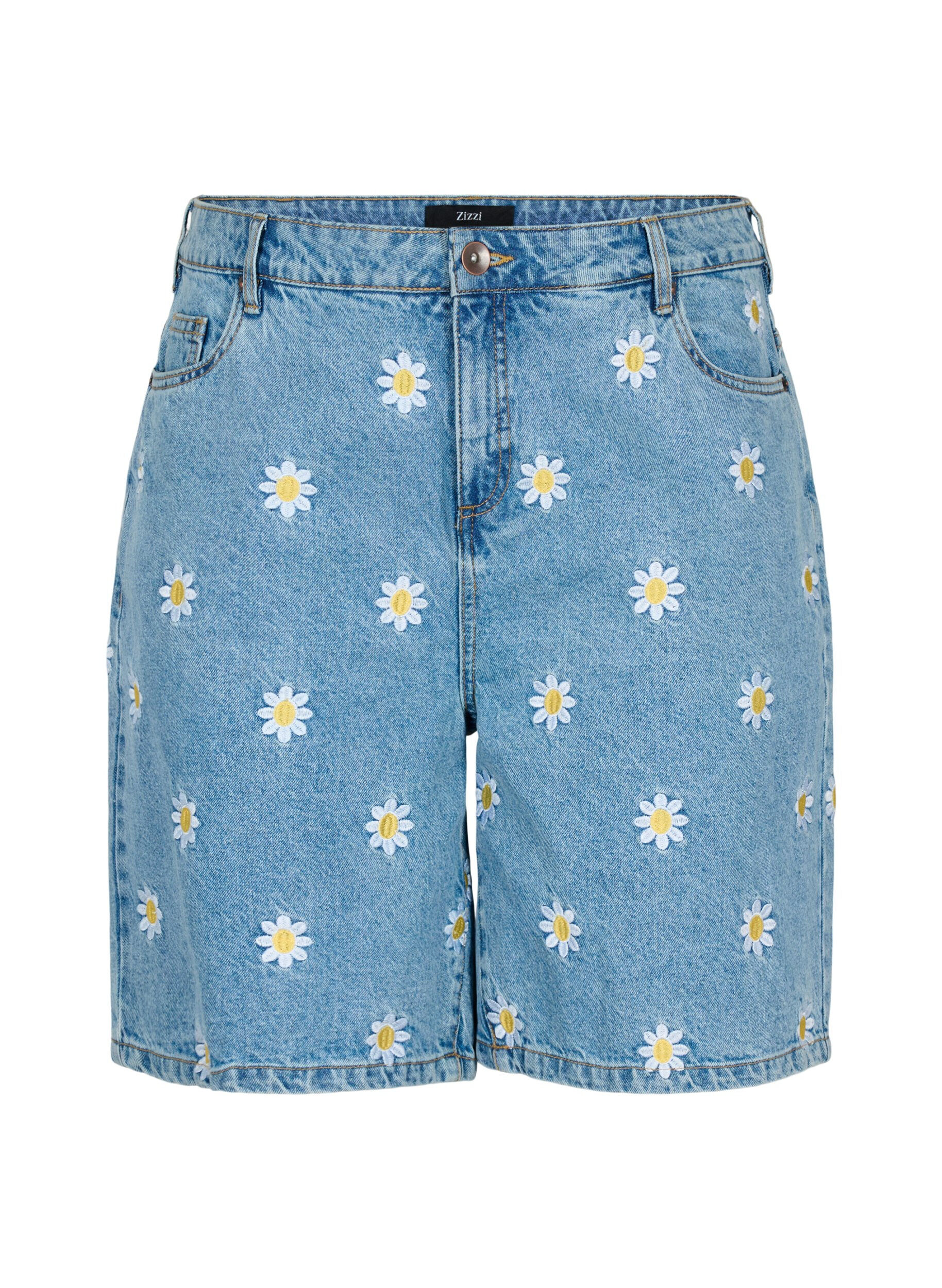 Zizzi Korkeavy&ouml;t&auml;r&ouml;iset Mille-shortsit kukkakirjailulla, Light Blue Flower, Packshot image number 0