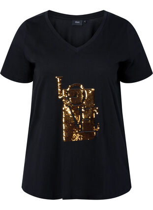 Puuvillainen t-paita, jossa on paljetteja, Black w. Love, Packshot image number 0