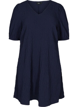 A-mallinen mekko tekstuurilla ja puhvihihoilla, Evening Blue, Packshot image number 0
