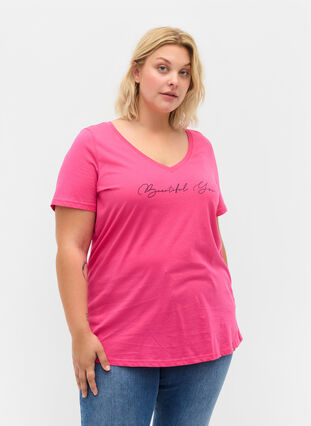 Lyhythihainen puuvillainen t-paita painatuksella, Magenta Beautiful, Model image number 0