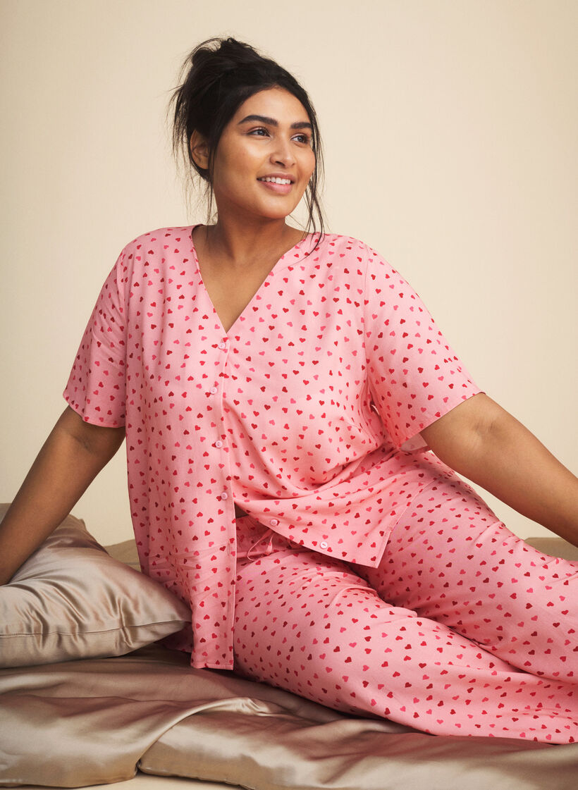 Printattu pyjamapaita viskoosia, Pink Icing W. hearts, Image