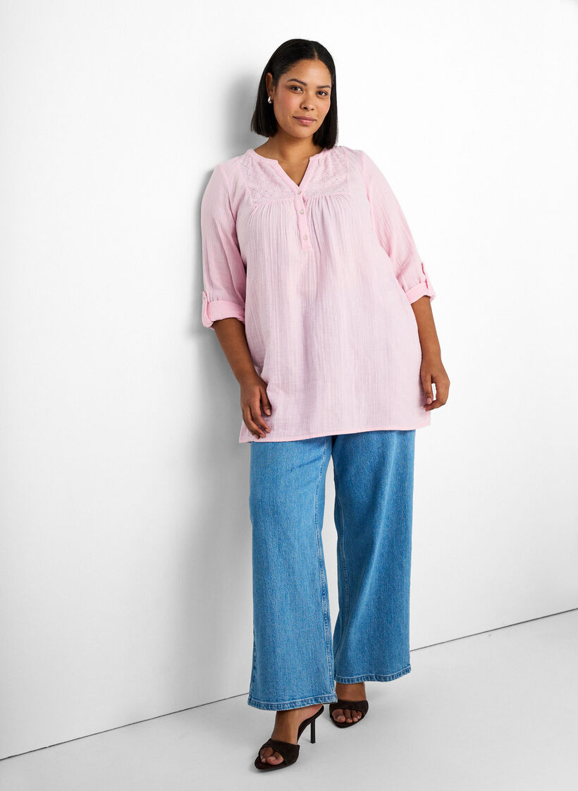 Puuvillamusliinitunika brodeeratulla pitsill&auml;, Vaaleanpunainen, Image image number 0