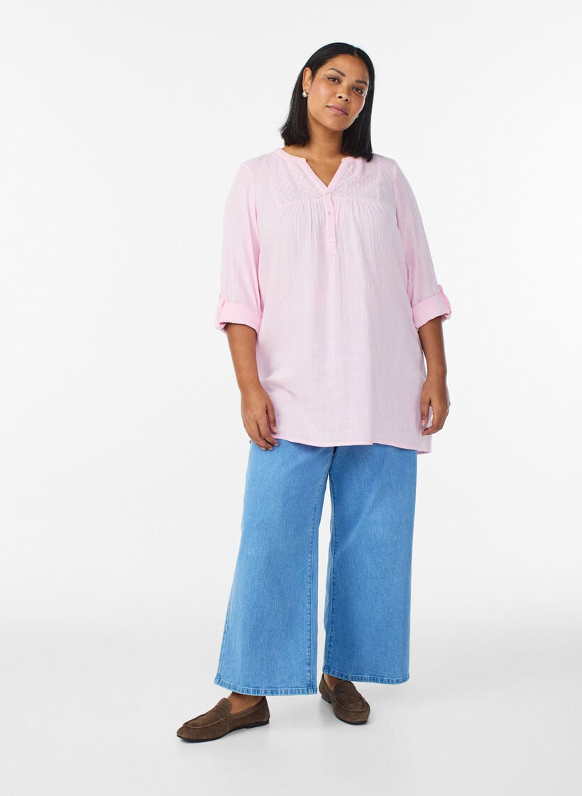 Puuvillamusliinitunika brodeeratulla pitsill&auml;, Vaaleanpunainen, Model image number 1