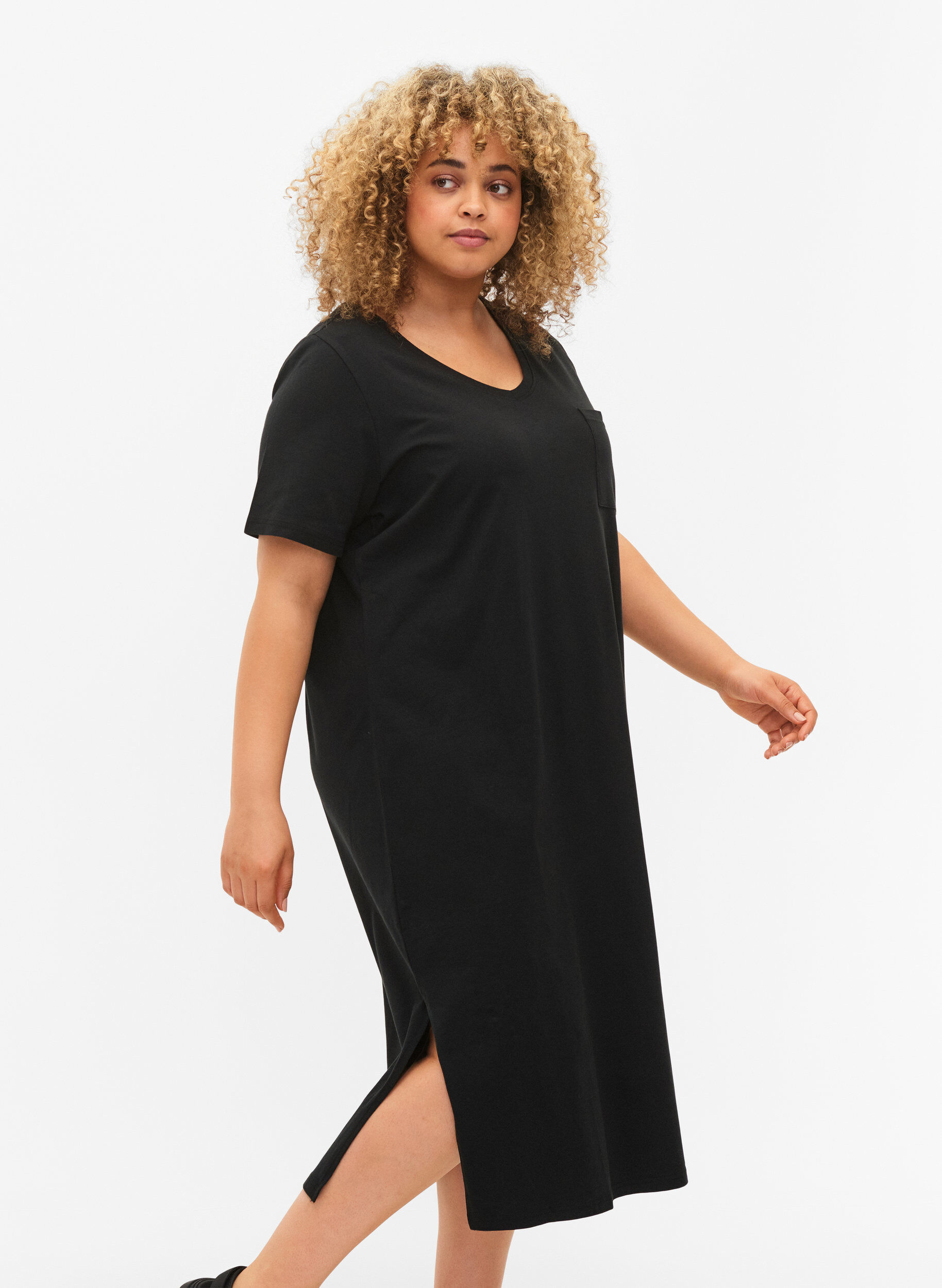 ZizziLyhythihainen puuvillamekko halkiolla, Black, Model image number 2