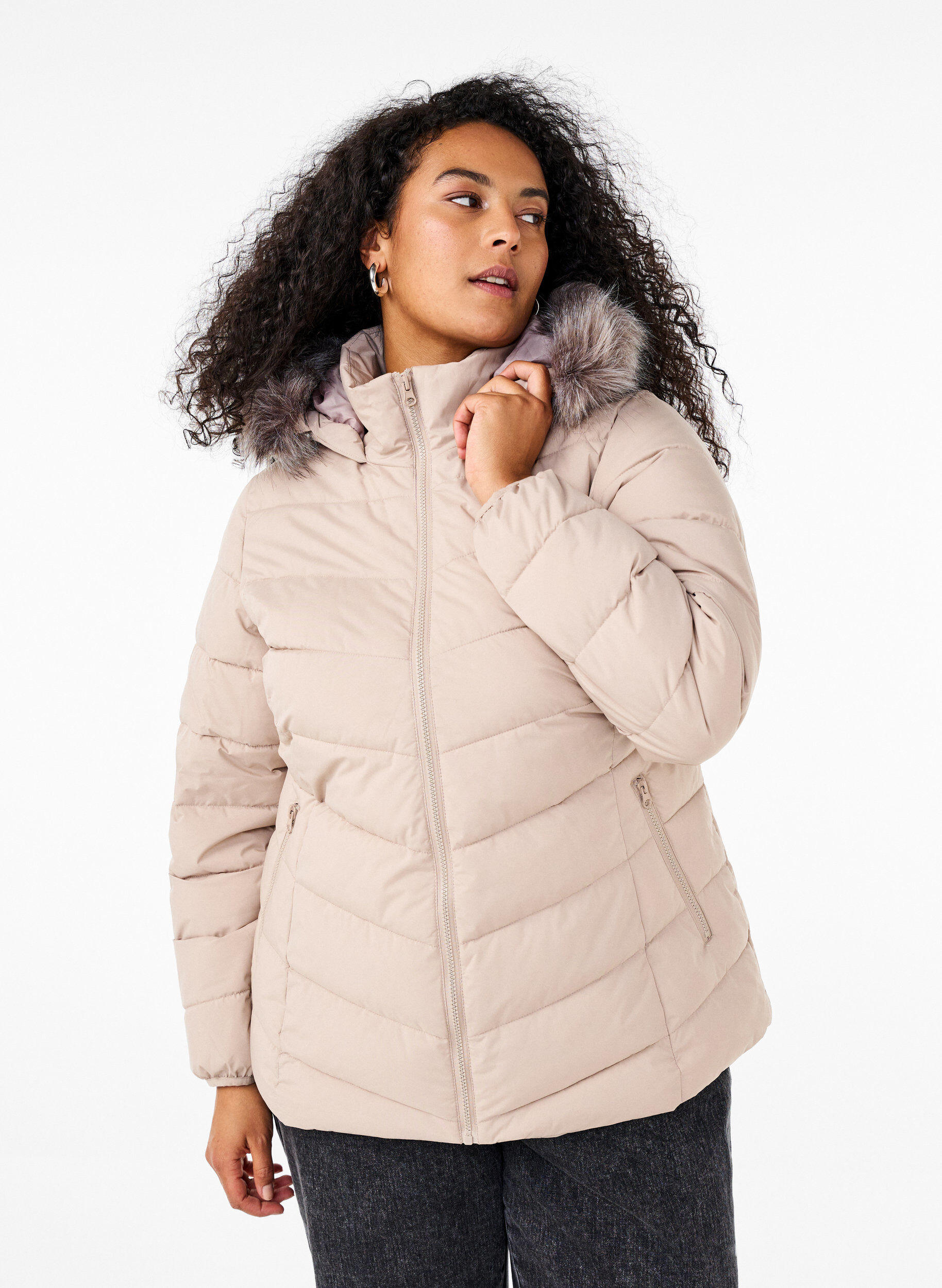 Lyhyt toppatakki hupulla, Beige, Model