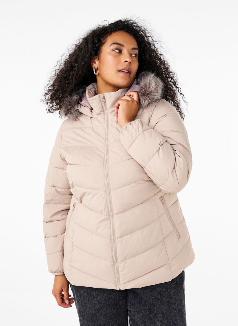 Lyhyt toppatakki hupulla, Beige, Model image number 0