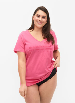 Puuvillainen lyhythihainen t-paita painatuksella, Hot Pink w. Be, Model image number 0