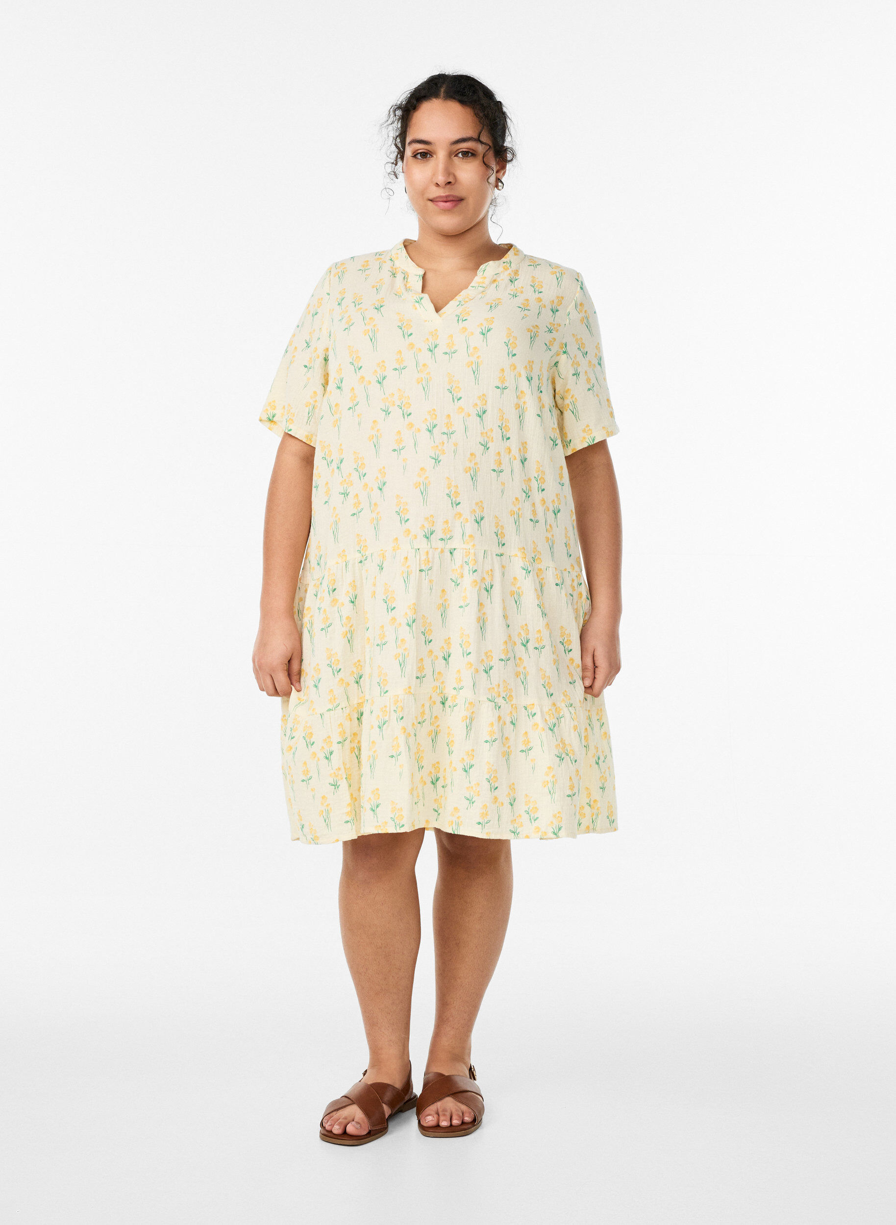 ZizziLyhyt A-linjainen mekko puuvillamusliinista, Keltainen, Model image number 1