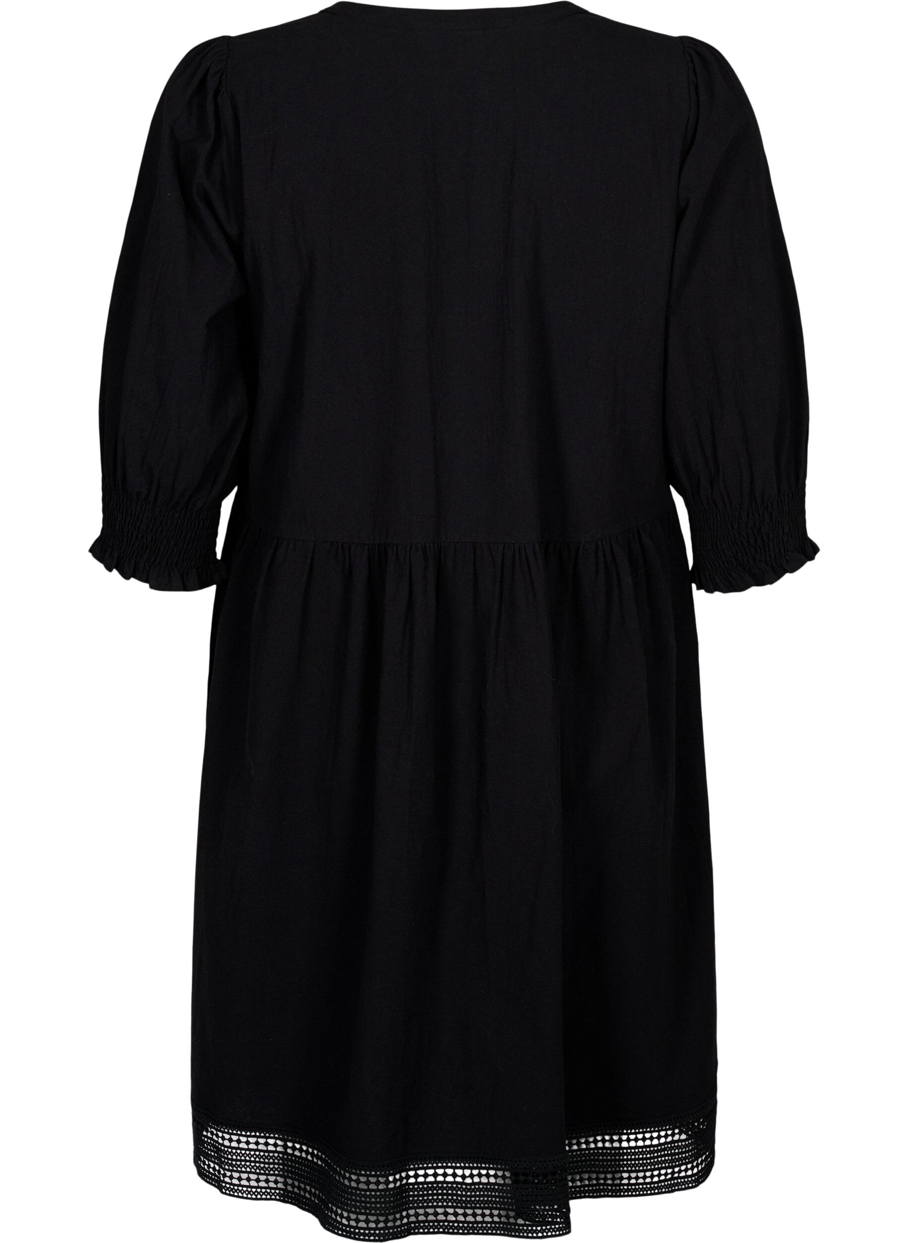 Zizzi Puuvillamekko virkatuilla yksityiskohdilla, Black, Packshot image number 1