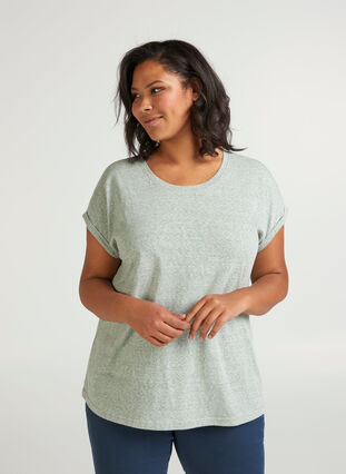 Meleerattu puuvillainen t-paita, Green Mélange, Model image number 0