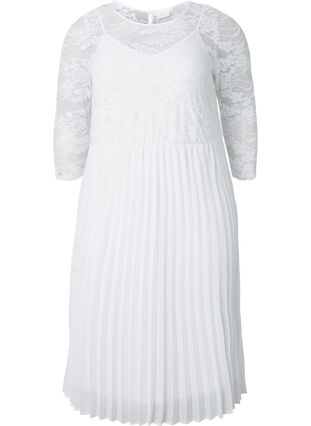 Pliseerattu mekko pitsillä ja 3/4-hihoilla, Bright White, Packshot image number 0