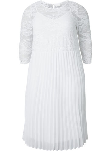 Pliseerattu mekko pitsillä ja 3/4-hihoilla, Bright White, Packshot image number 0