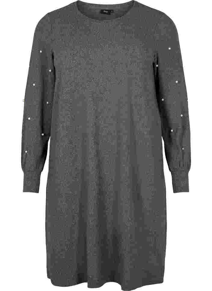 Pitkähihainen mekko helmiyksityiskohdilla, Dark Grey Melange, Packshot image number 0