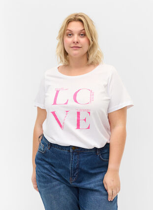 Lyhythihainen puuvillainen t-paita painatuksella, Bright White LOVE, Model image number 0