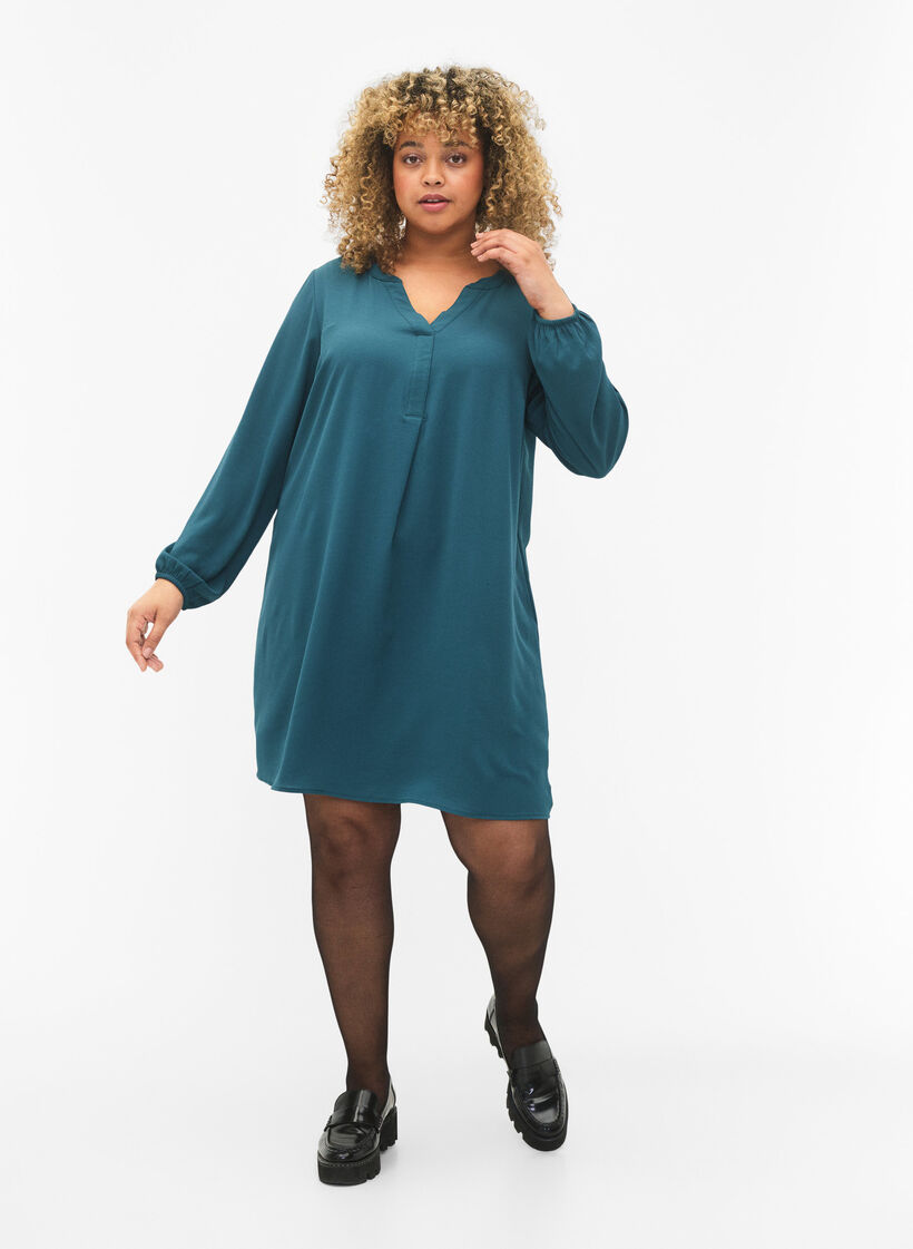 Pitkähihainen V-kaula-aukkoinen mekko., Deep Teal, Model image number 2