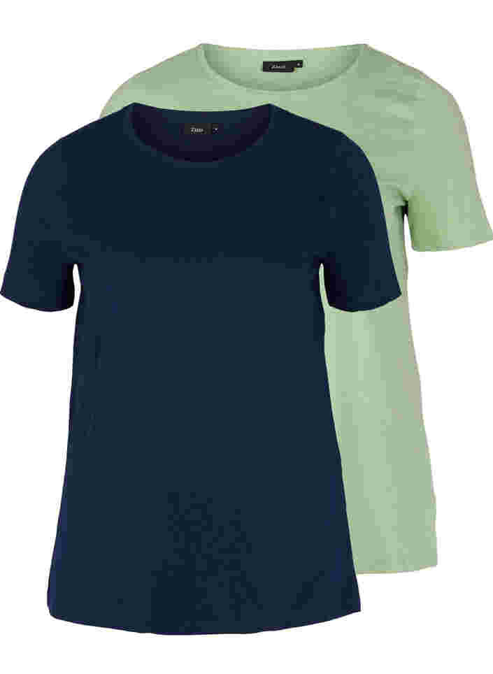 2 lyhythihaista t-paitaa puuvillasta , Navy B/Reseda, Packshot image number 0