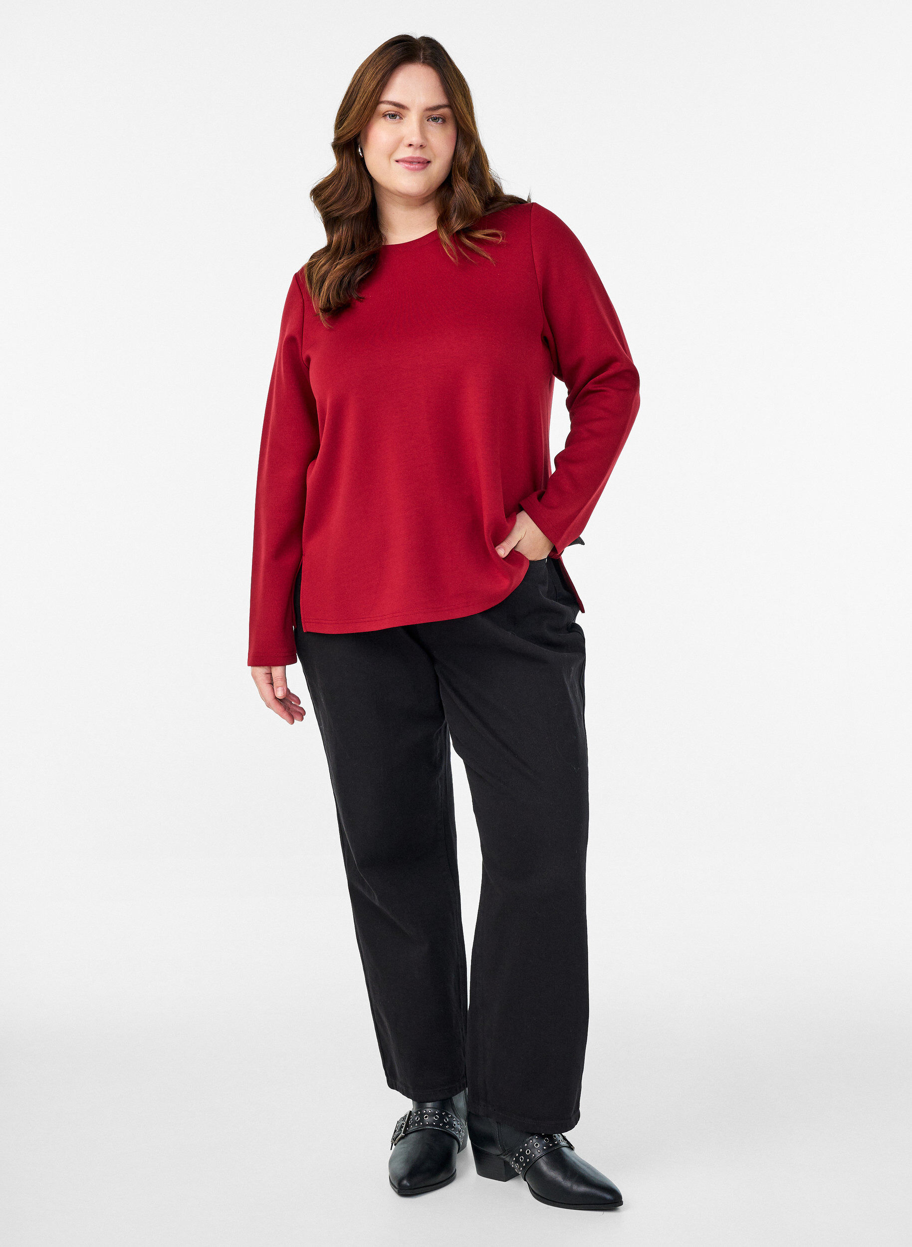 Zizzi Jerseypusero py&ouml;re&auml;ll&auml; p&auml;&auml;ntiell&auml;, Punainen, Model image number 1