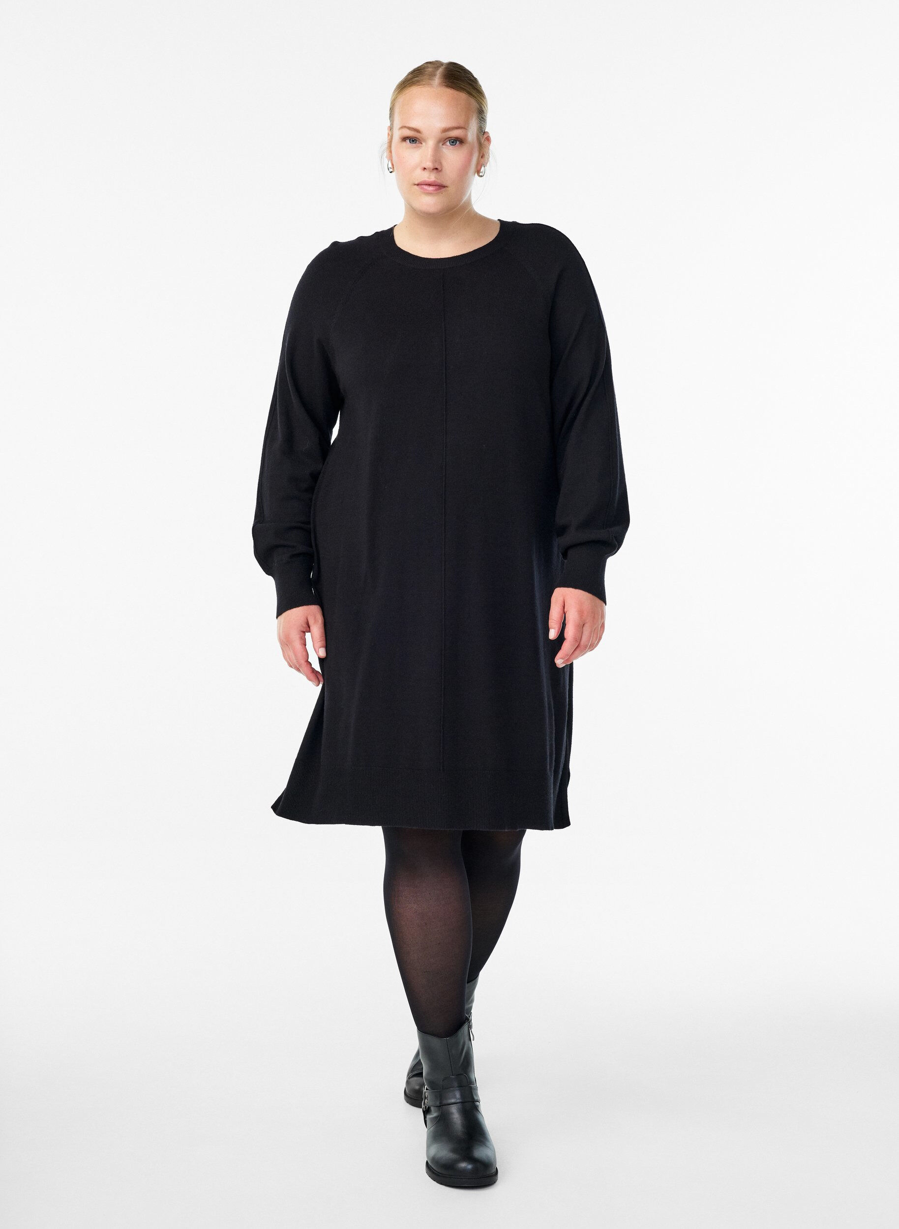 ZizziLyhyt neulemekko raglanhihoilla ja keskisaumalla, Musta, Model image number 1