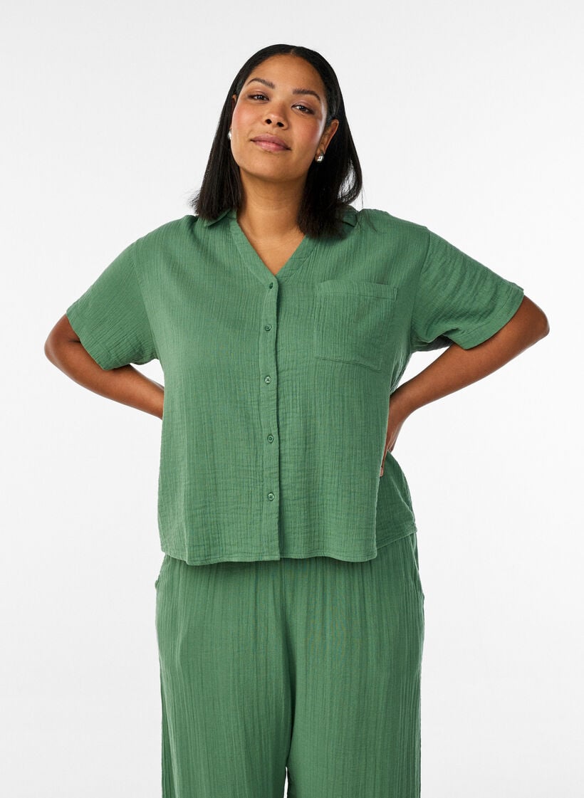 Puuvillamusliinipusero lyhyill&auml; hihoilla, Vihre&auml;, Model image number 0