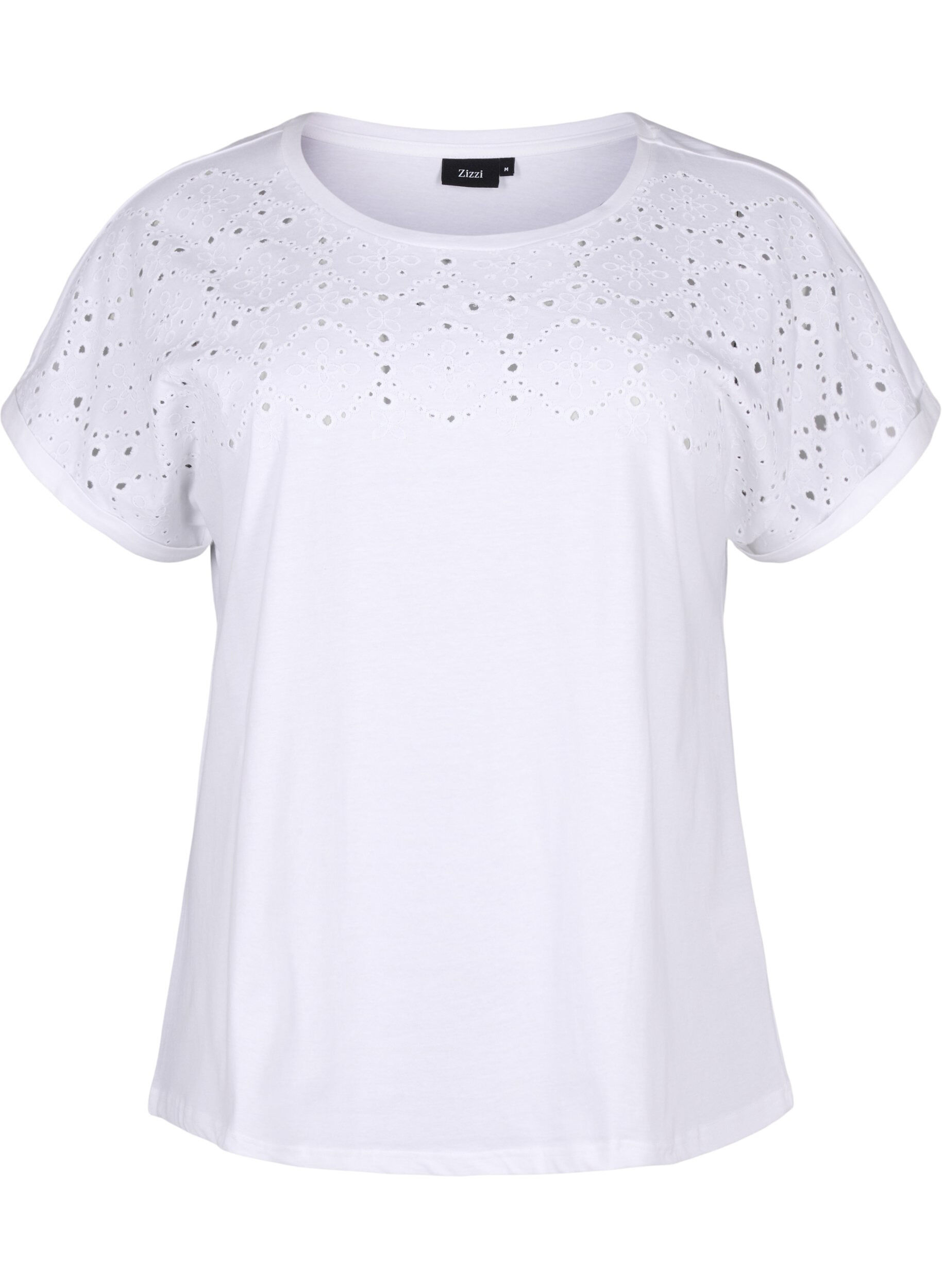 Zizzi Luomupuuvillasta valmistettu T-paita broderie anglaise -reunuksella, Bright White, Packshot image number 0
