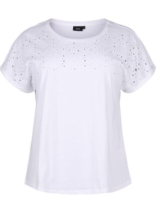 Luomupuuvillasta valmistettu T-paita broderie anglaise -reunuksella, Bright White, Packshot image number 0
