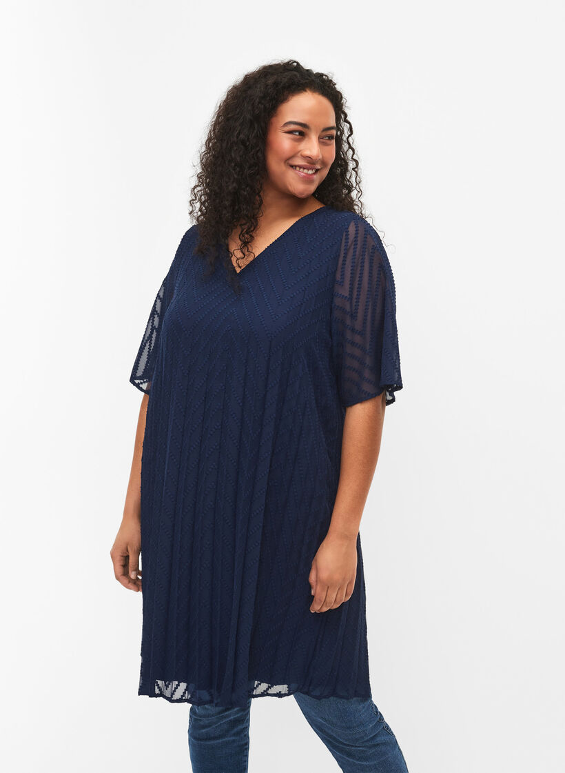 Lyhythihainen mekko tekstuurilla, Navy Blazer, Model image number 0