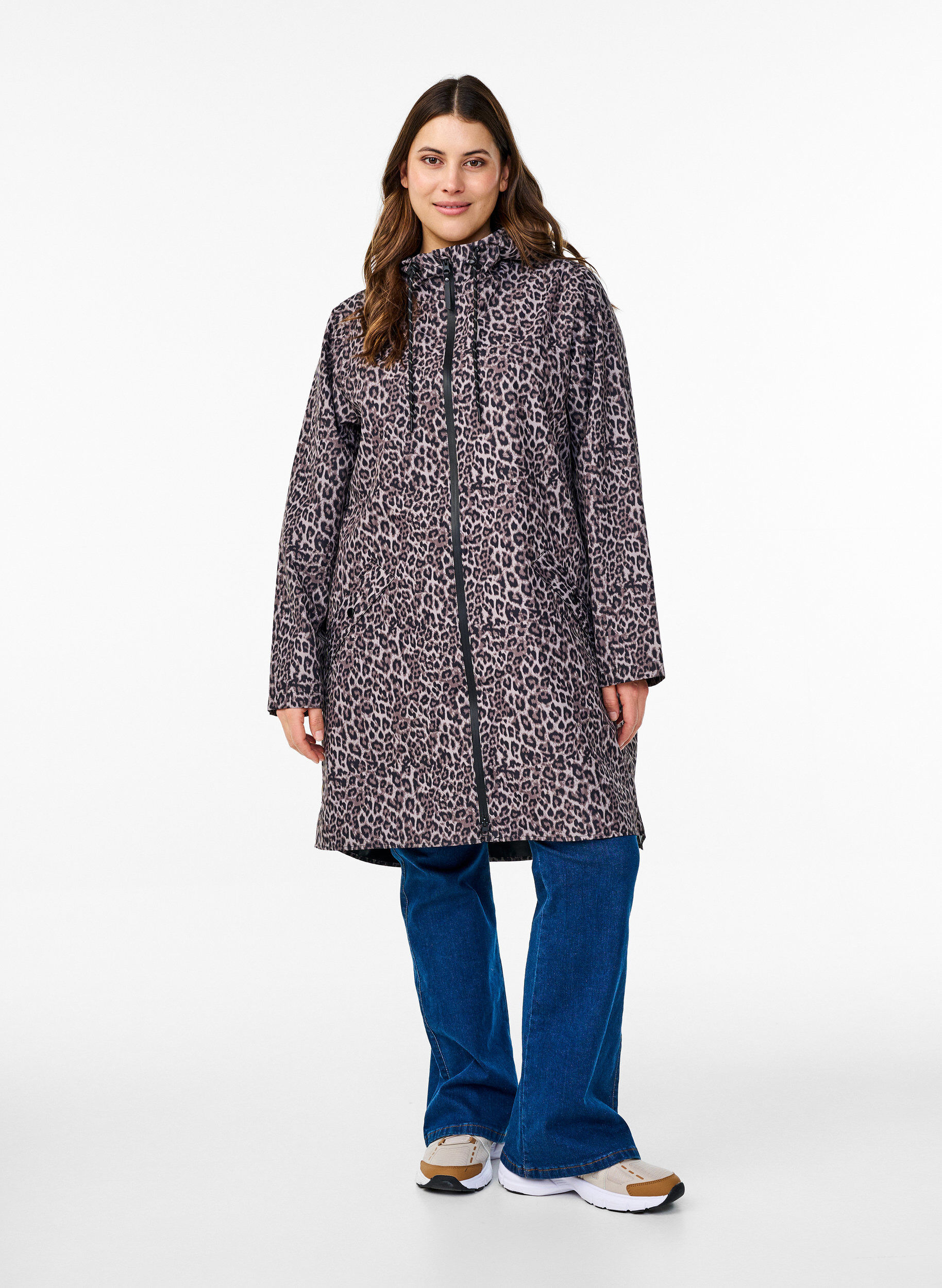 Zizzi Sadetakki taskuilla ja hupulla, Ruskea, Model image number 1