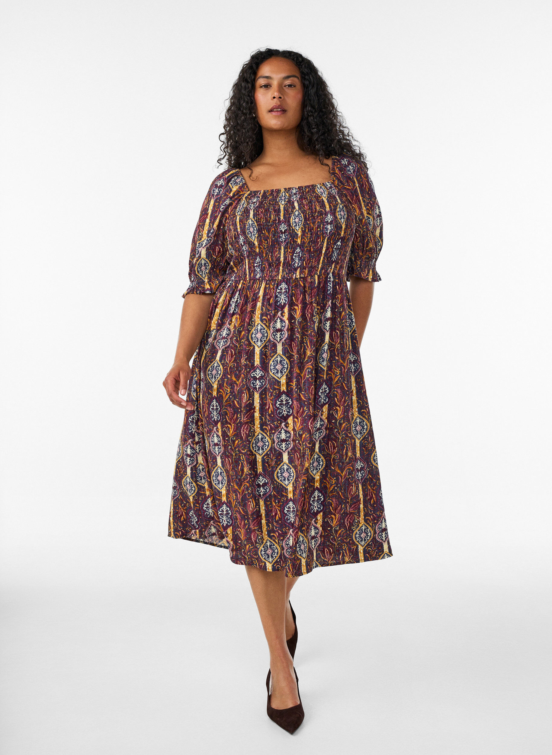 Kes&auml;mekko viskoosista paisley-kuosilla, Violetti, Model